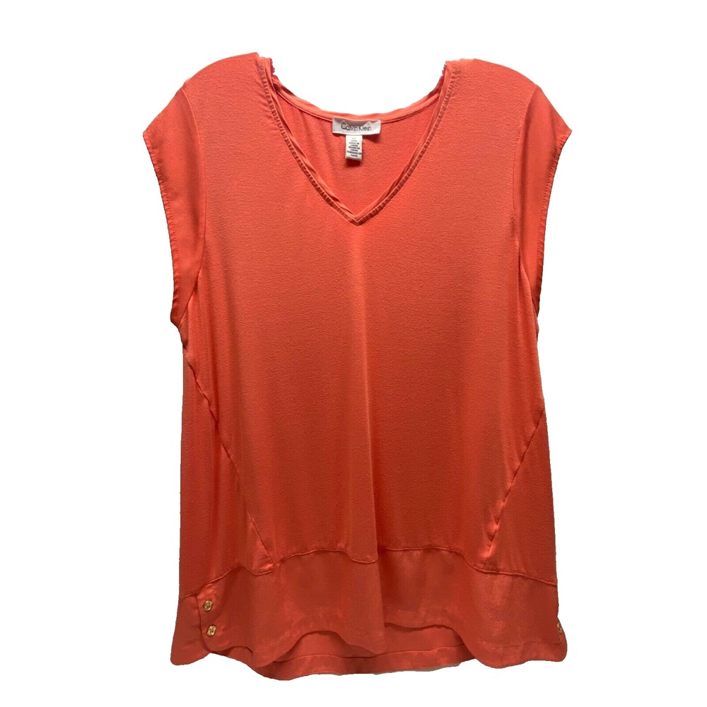 Calvin Klein Popover Blouse Women's Large Tangerine V-Neck Flowy Career Casual